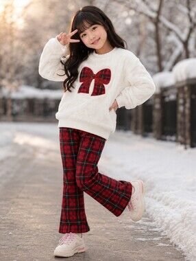 NEW btween set Of White Top with Red Plaid Bow & Red Plaid Pants Size 7